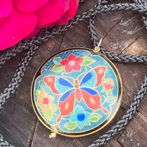 Vintage Cloisonné Double-Sided Butterfly & Floral Necklace